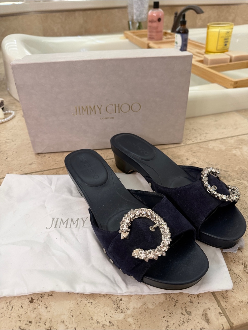 Jimmy Choo Navy Suede Crystal-Embellished Slide Mules